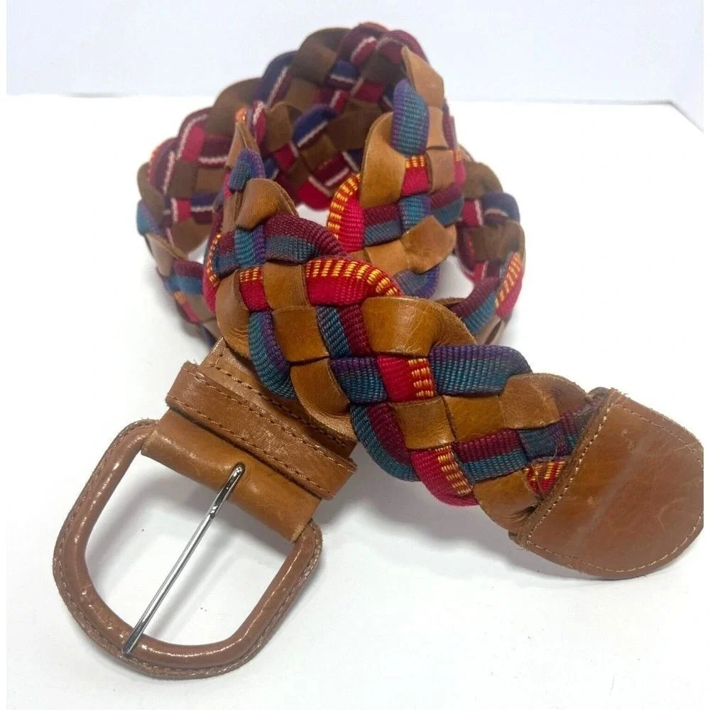 Leather Guatemala Belt Colorful W/ Red Blue Pink & Yellow Woven Strapping‎ Large